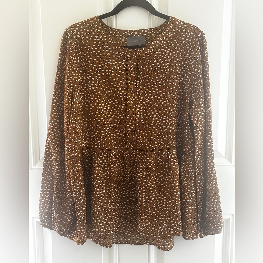 Hudson Gray brown print  Patterned Women’s oversized silky blouse size Medium